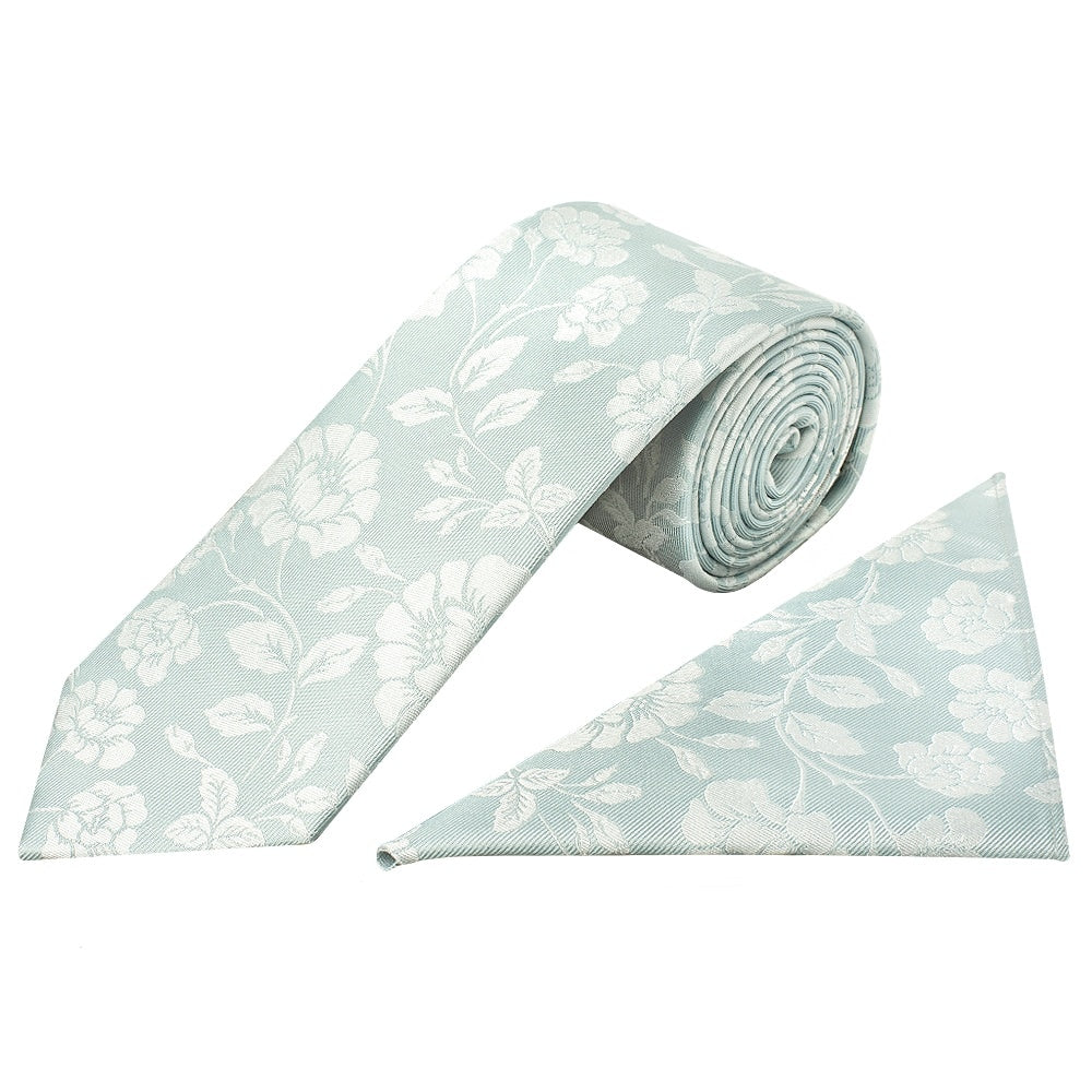 Duck Egg With White Floral Silk Classic Tie And Pocket Square Set 1