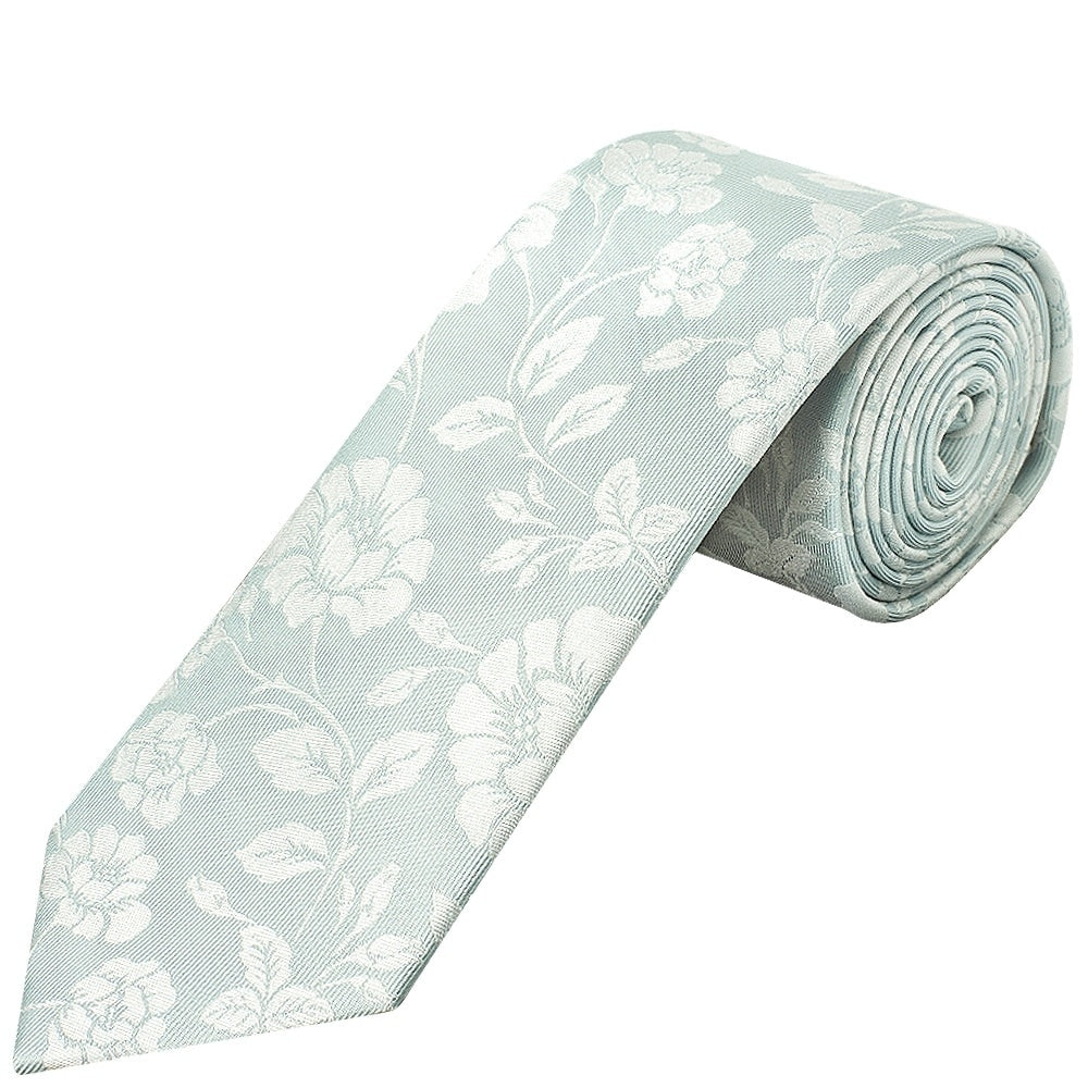 Duck Egg With White Floral Silk Classic Tie And Pocket Square Set 2
