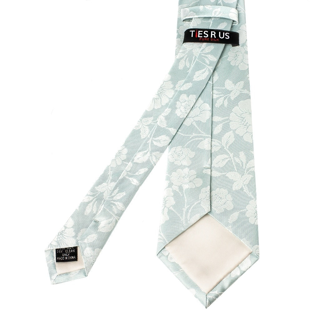 Duck Egg With White Floral Silk Classic Tie And Pocket Square Set 4
