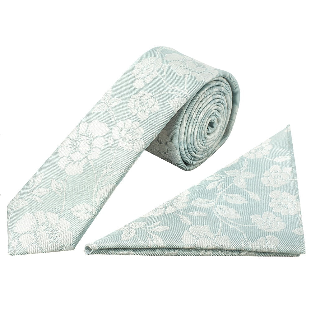 Duck Egg With White Floral Silk Skinny Tie And Pocket Square Set 1
