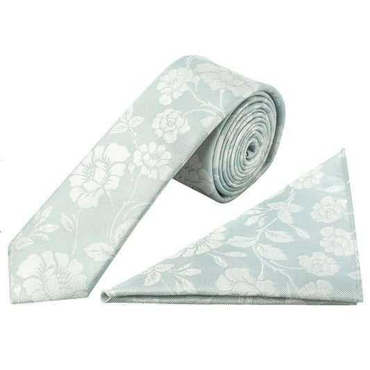 Duck Egg With White Floral Silk Skinny Tie And Pocket Square Set 1