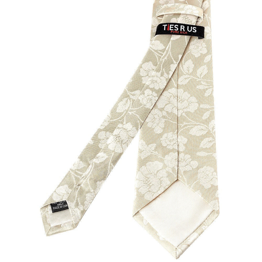 Champagne With White Floral Silk Skinny Tie And Pocket Square Set 4