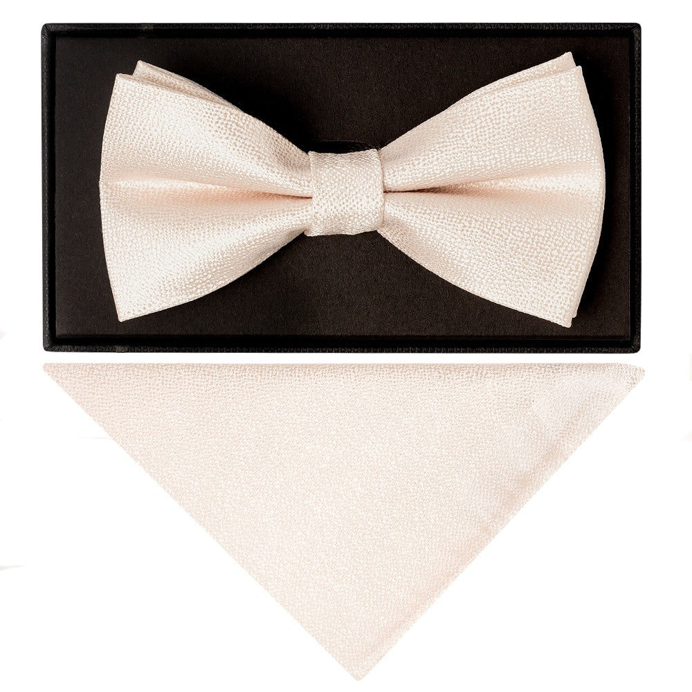 Plain Blush Textured Silk Mens Bow Tie And Pocket Square Set 1