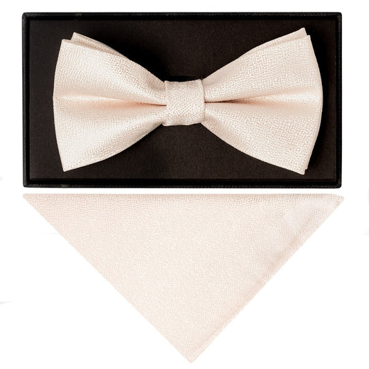 Plain Blush Textured Silk Mens Bow Tie And Pocket Square Set 1