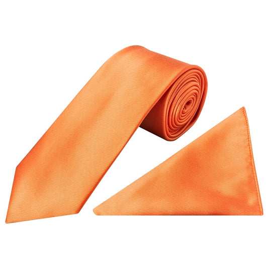 Plain Burnt Orange Satin Classic Mens Tie and Pocket Square Set