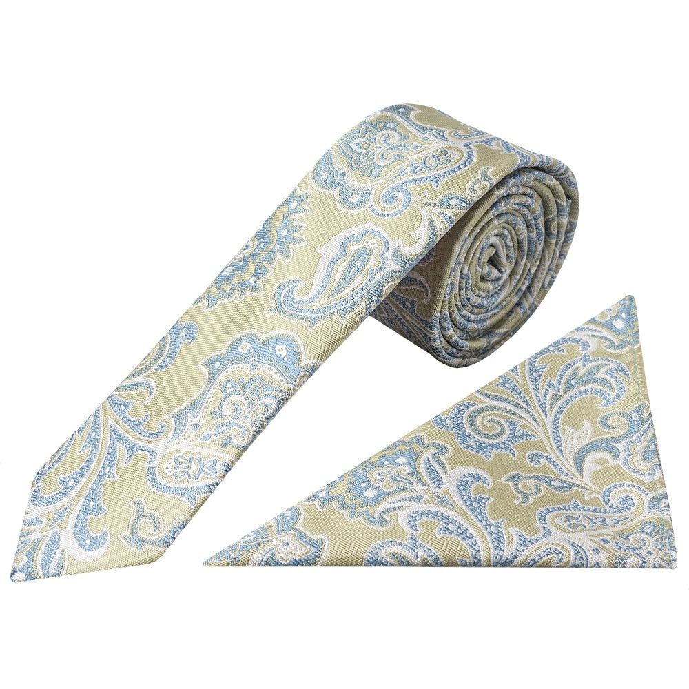 Green And Blue Paisley Skinny Mens Tie And Pocket Square Set 1
