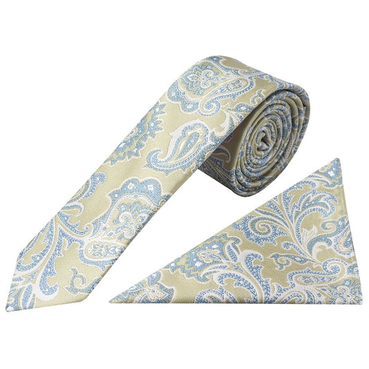 Green And Blue Paisley Skinny Mens Tie And Pocket Square Set 1