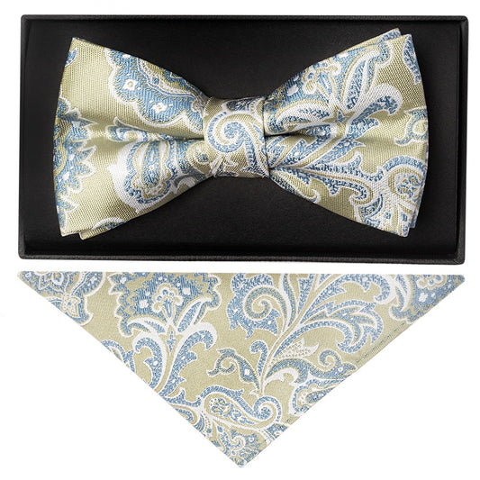 Green And Blue Paisley Handmade Mens Bow Tie And Pocket Square Set 1