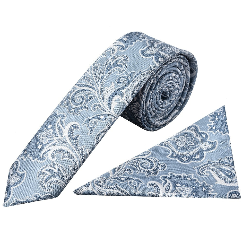 Blue And Silver Paisley Skinny Mens Tie And Pocket Square Set 1