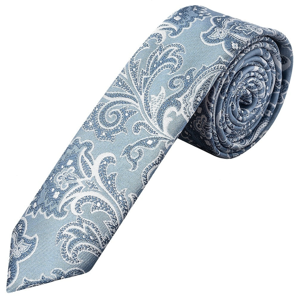 Blue And Silver Paisley Skinny Mens Tie And Pocket Square Set 2