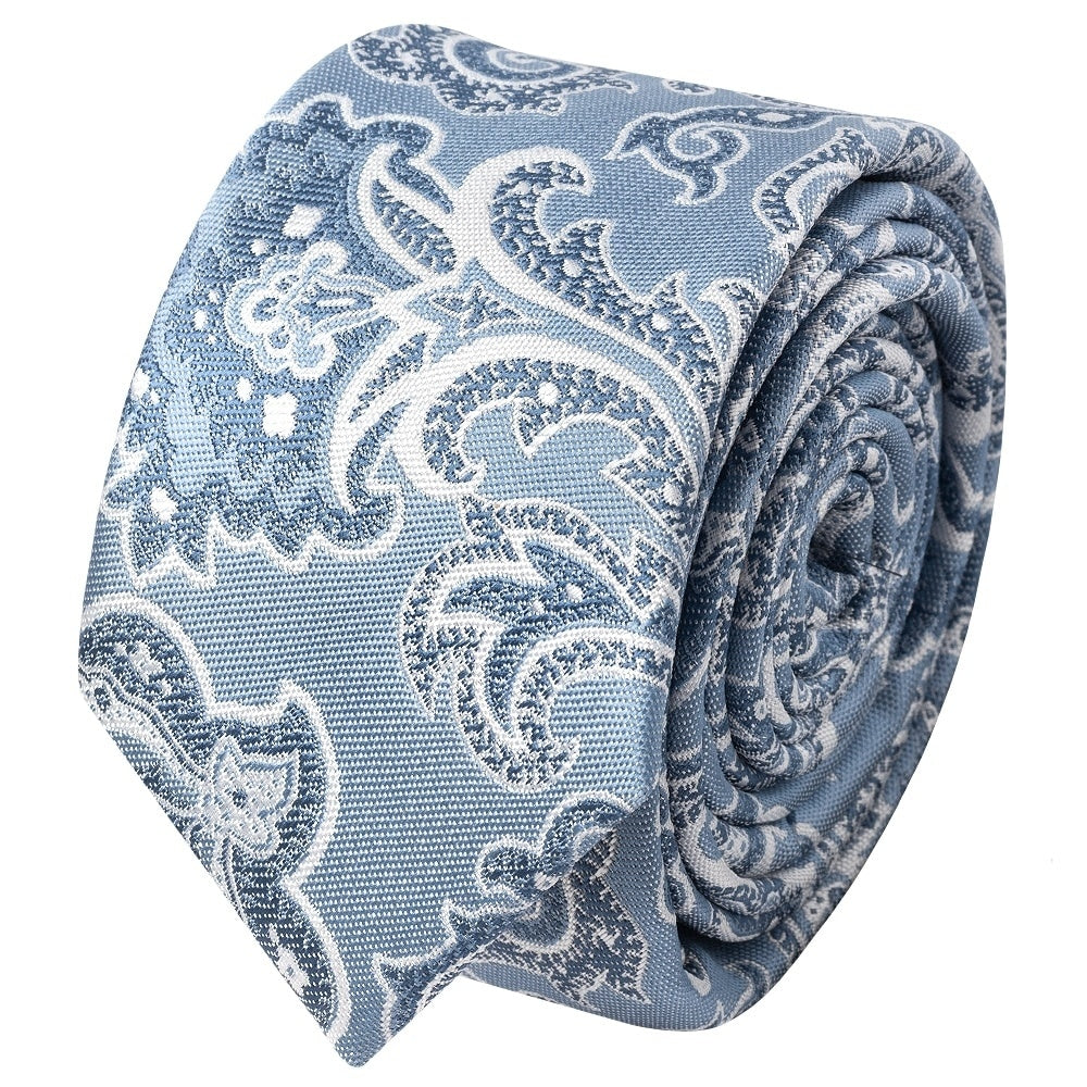 Blue And Silver Paisley Skinny Mens Tie And Pocket Square Set 3