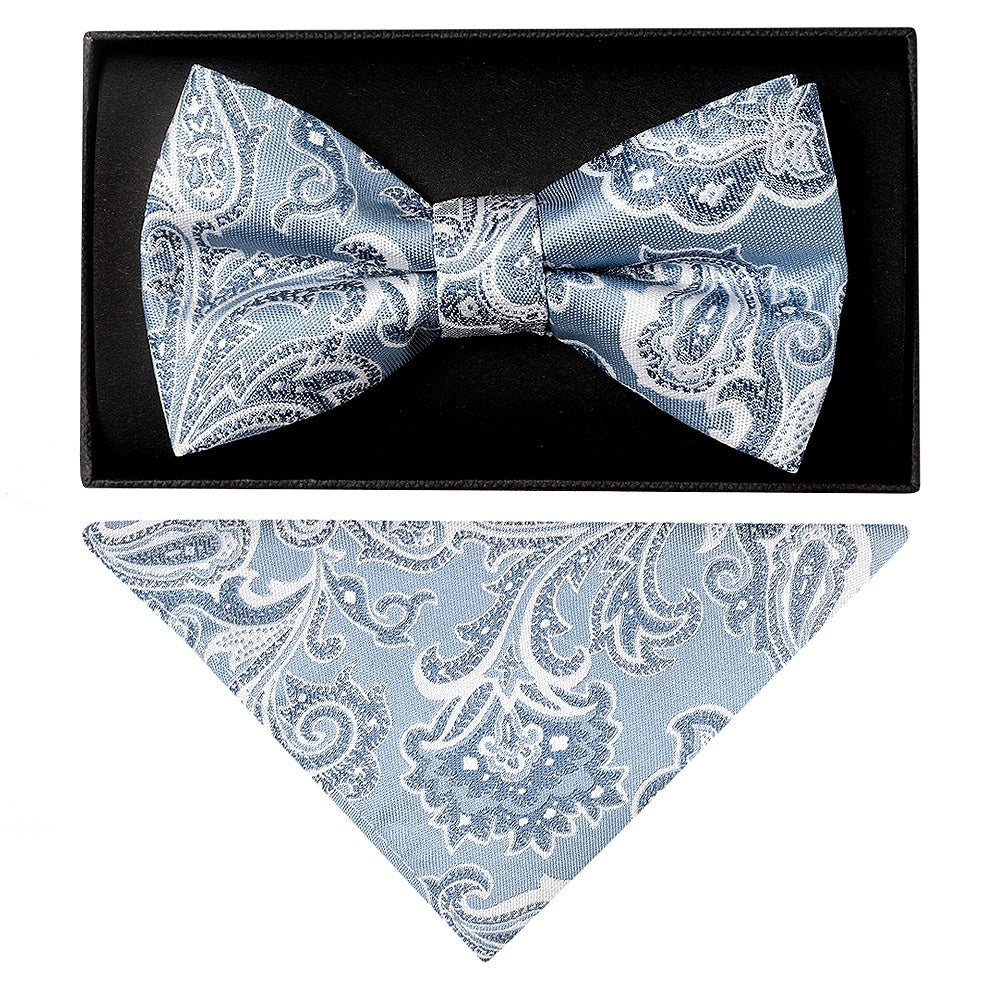 Blue and Silver Paisley Handmade Mens Bow Tie and Pocket Square Set