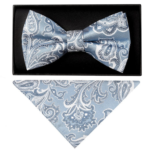 Blue and Silver Paisley Handmade Mens Bow Tie and Pocket Square Set