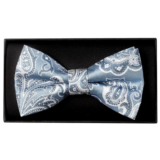 Blue and Silver Paisley Handmade Mens Bow Tie and Pocket Square Set