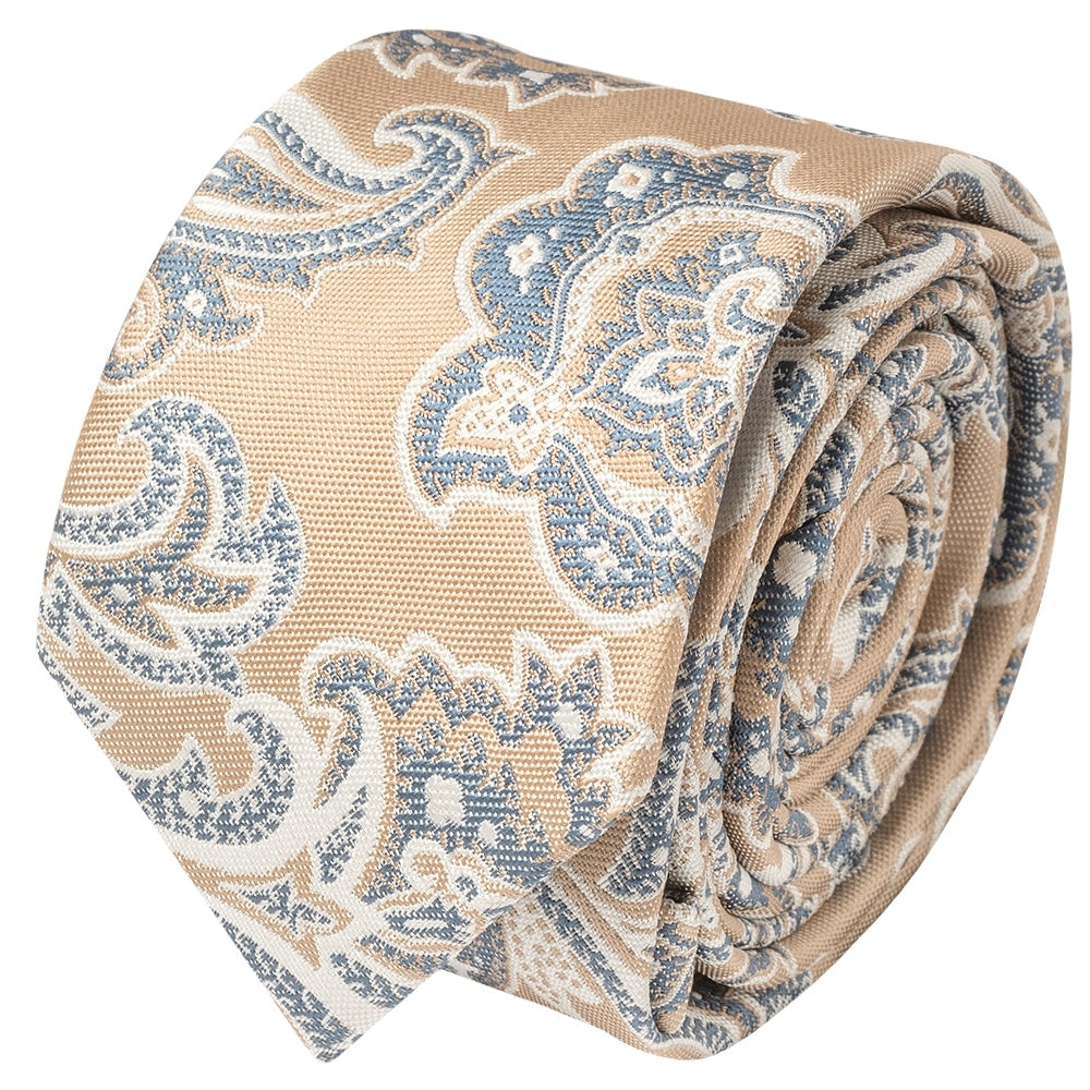 Champagne And Blue Paisley Skinny Mens Tie 2