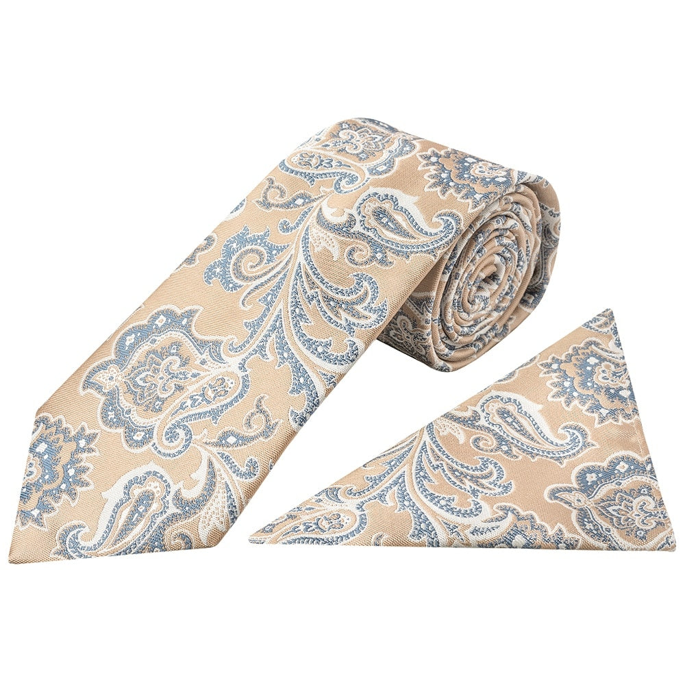 Champagne And Blue Paisley Classic Mens Tie And Pocket Square Set 1