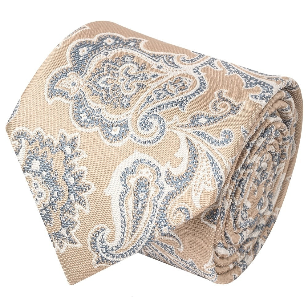 Champagne And Blue Paisley Classic Mens Tie And Pocket Square Set 3
