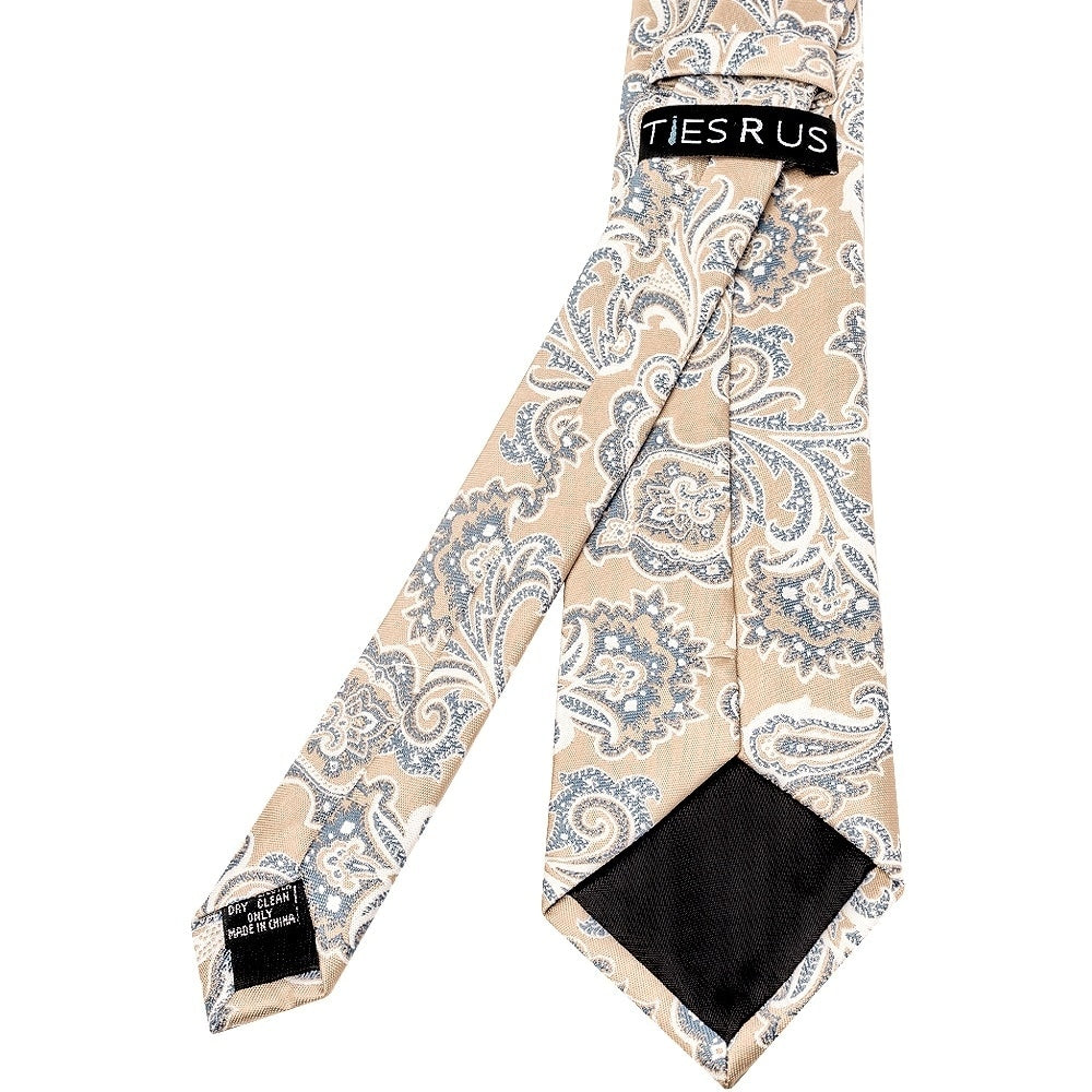 Champagne And Blue Paisley Classic Mens Tie And Pocket Square Set 4