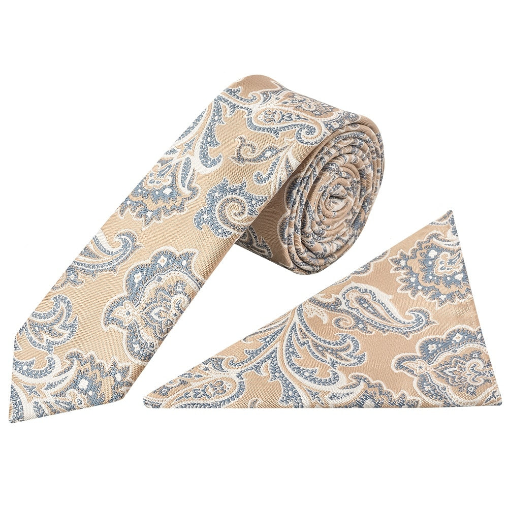 Champagne And Blue Paisley Skinny Mens Tie And Pocket Square Set 1