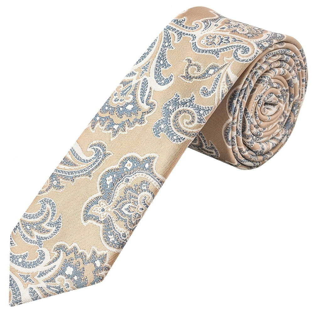 Champagne And Blue Paisley Skinny Mens Tie And Pocket Square Set 2