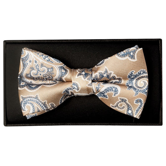 Champagne And Blue Paisley Handmade Mens Bow Tie 1