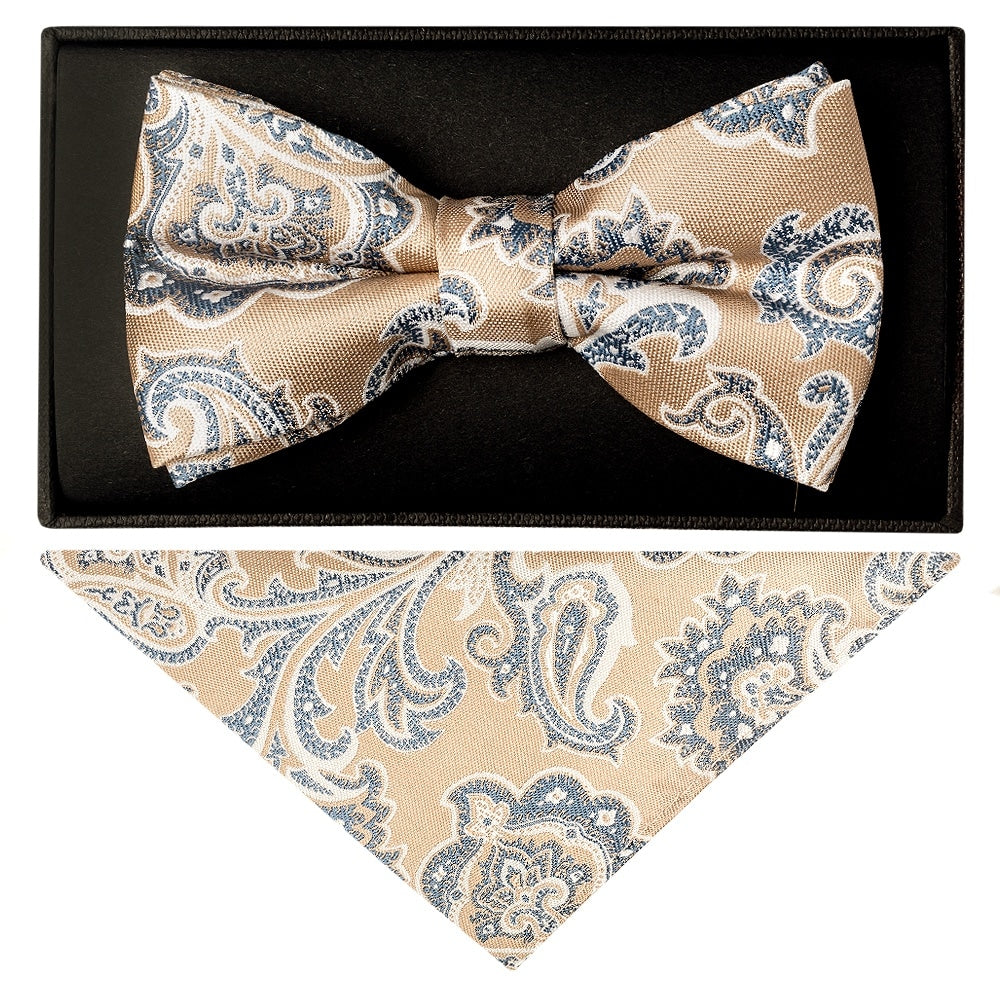 Champagne And Blue Paisley Handmade Mens Bow Tie And Pocket Square Set 1