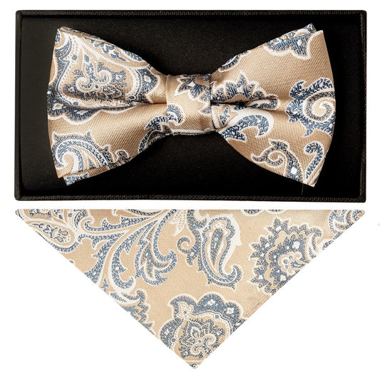 Champagne And Blue Paisley Handmade Mens Bow Tie And Pocket Square Set 1