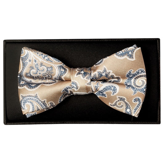 Champagne And Blue Paisley Handmade Mens Bow Tie And Pocket Square Set 2