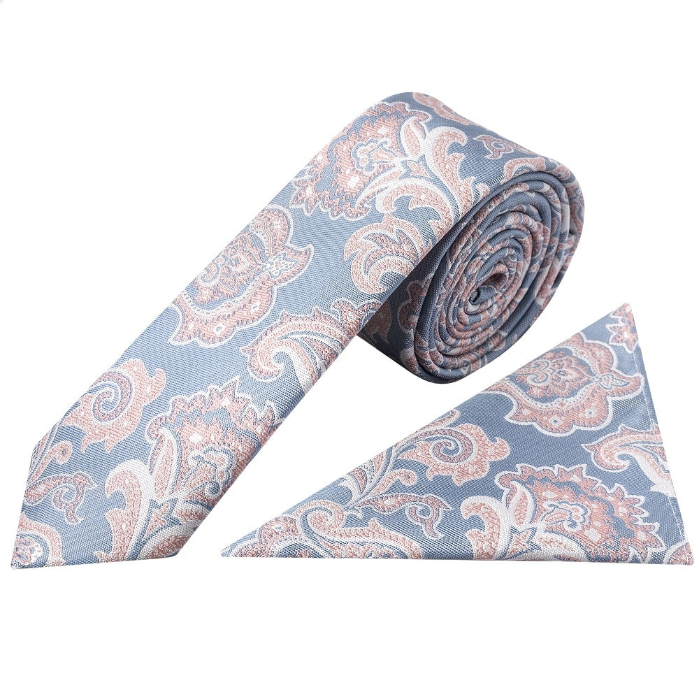 Blue And Pink Paisley Skinny Mens Tie And Pocket Square Set 1