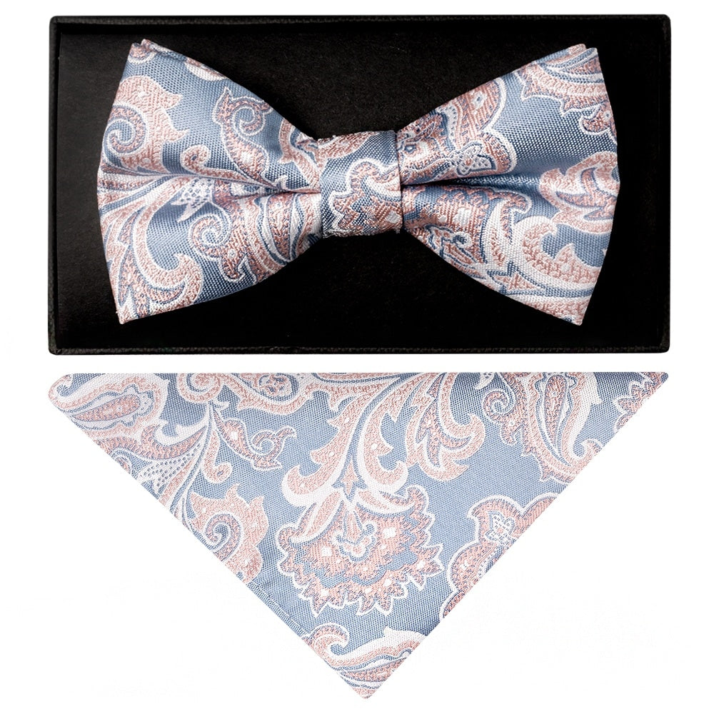Blue And Pink Paisley Handmade Mens Bow Tie And Pocket Square Set 1