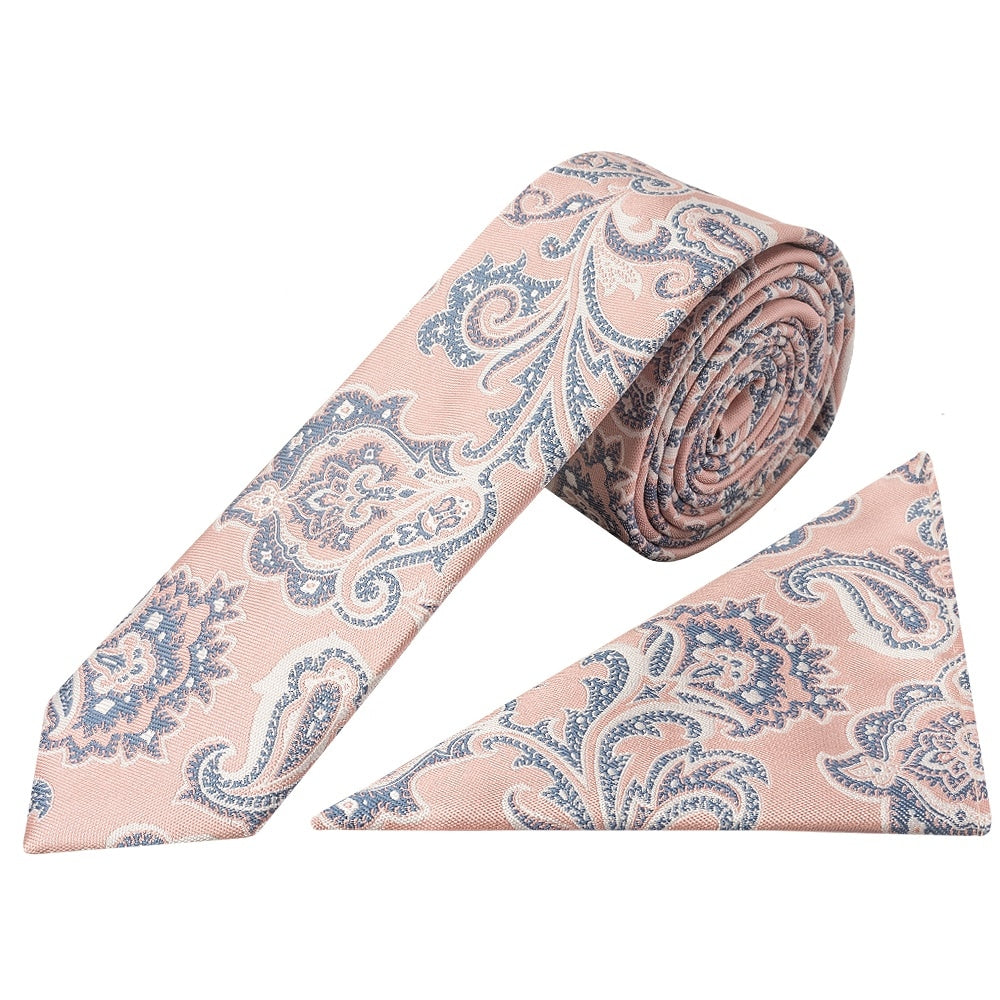 Pink And Blue Paisley Skinny Mens Tie And Pocket Square Set 1