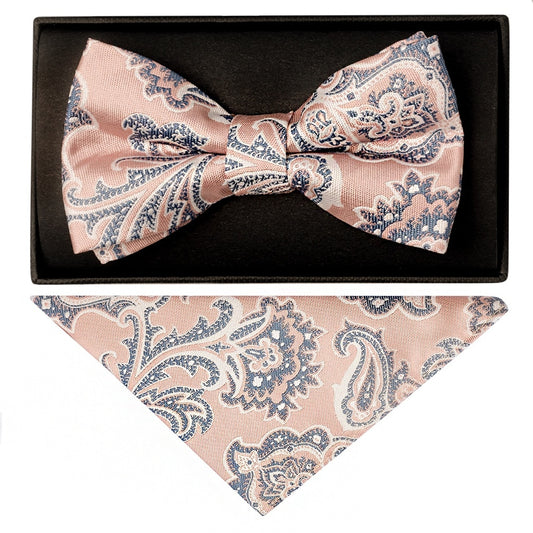 Pink And Blue Paisley Handmade Mens Bow Tie And Pocket Square Set 1