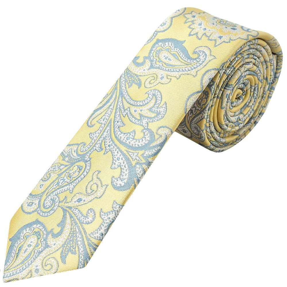 Yellow And Blue Paisley Skinny Mens Tie 1
