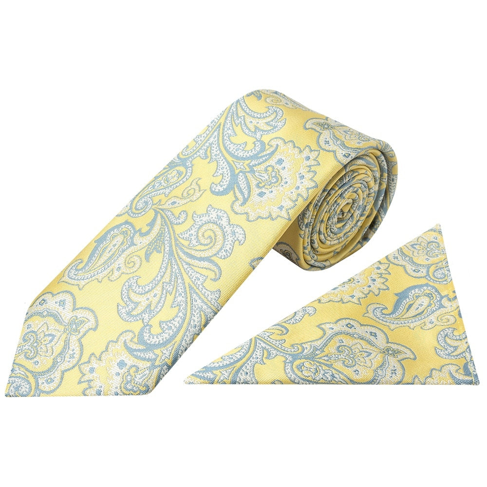 Yellow And Blue Paisley Classic Mens Tie And Pocket Square Set 1
