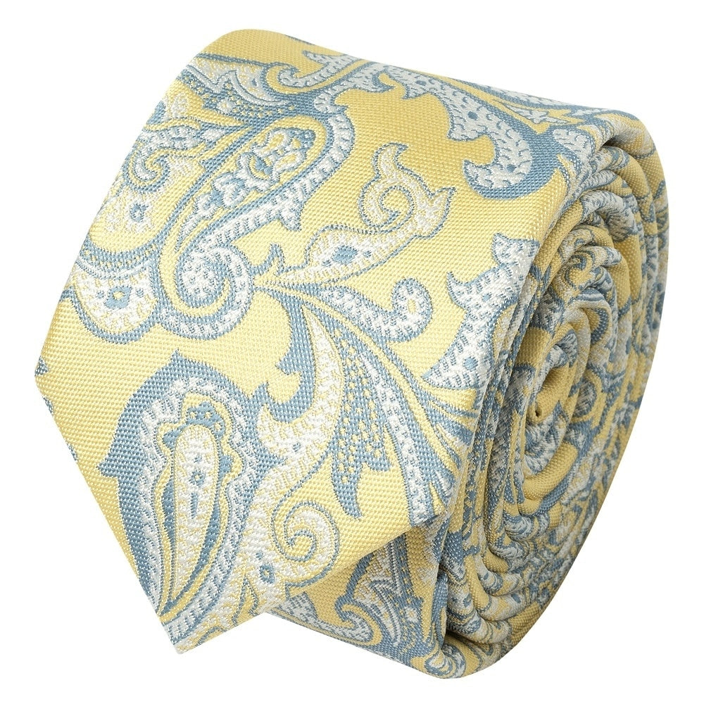 Yellow And Blue Paisley Skinny Mens Tie And Pocket Square Set 3