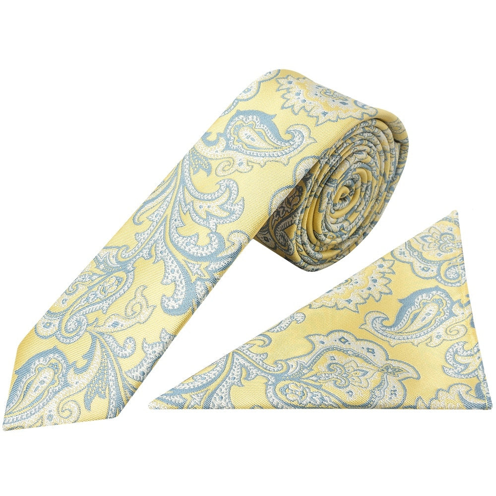 Yellow And Blue Paisley Skinny Mens Tie And Pocket Square Set 1