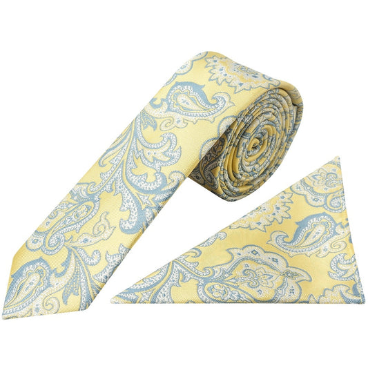 Yellow And Blue Paisley Skinny Mens Tie And Pocket Square Set 1