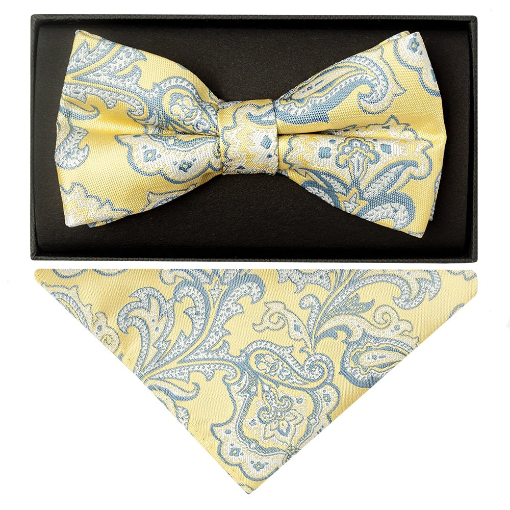 Yellow And Blue Paisley Handmade Mens Bow Tie And Pocket Square Set 1