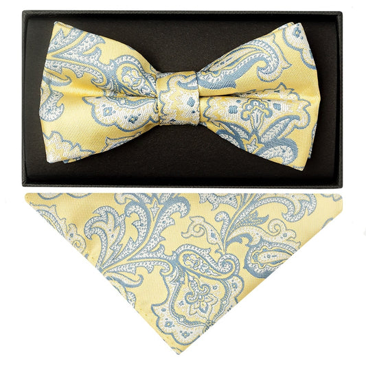 Yellow And Blue Paisley Handmade Mens Bow Tie And Pocket Square Set 1
