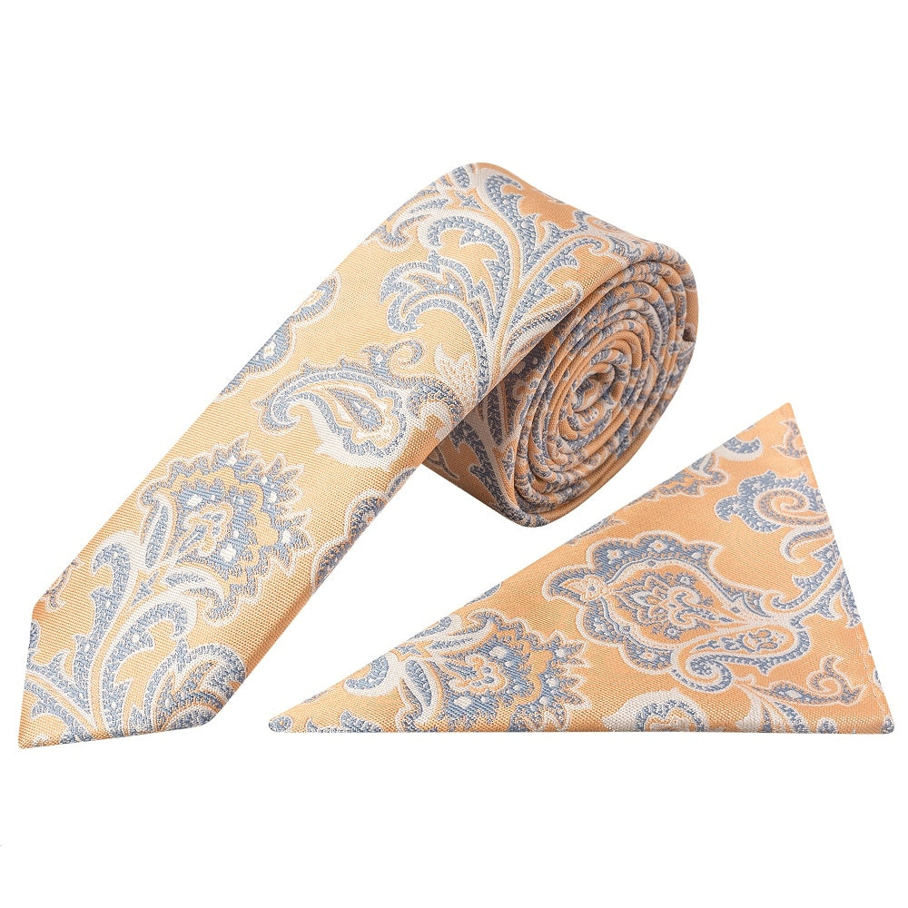 Peach And Blue Paisley Skinny Mens Tie And Pocket Square Set 1