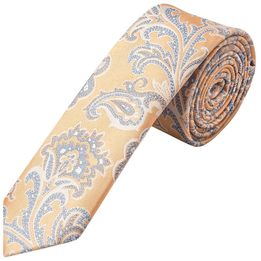 Peach And Blue Paisley Skinny Mens Tie And Pocket Square Set 2