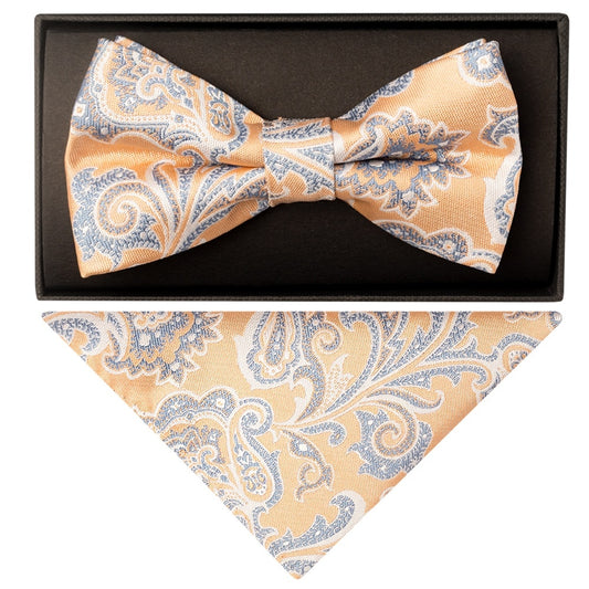 Peach And Blue Paisley Handmade Mens Bow Tie And Pocket Square Set 1