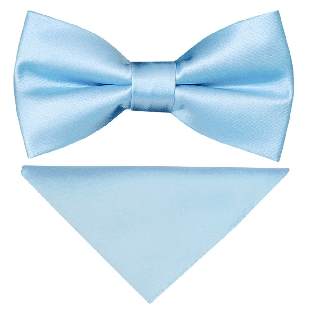 End Of Season Plain Pre Tied Sky Blue Satin Boys Bow Tie And Pocket Square Set 1