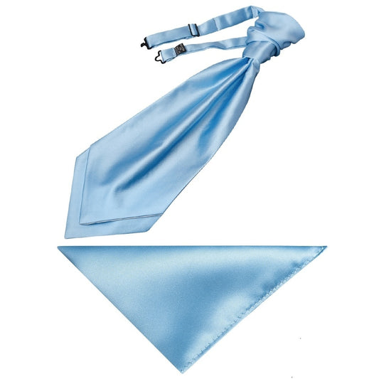 End Of Season Plain Sky Blue Satin Mens Cravat Tie And Pocket Square Set 1