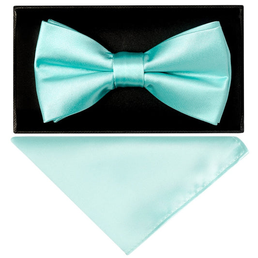 Plain Aqua Handmade Satin Mens Bow Tie And Pocket Square Set 1