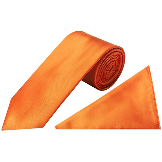 Plain Orange Satin Classic Mens Tie and Pocket Square Set