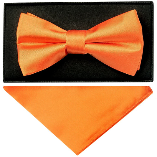 Plain Orange Hand Made Mens Bow Tie And Pocket Square Set 1