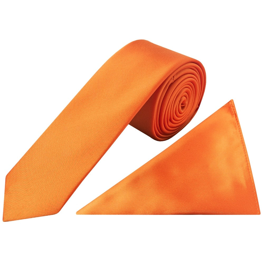 Plain Orange Satin Skinny Boys Tie and Pocket Square Set