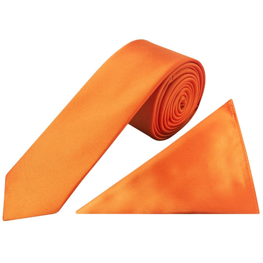 Plain Orange Satin Skinny Boys Tie and Pocket Square Set