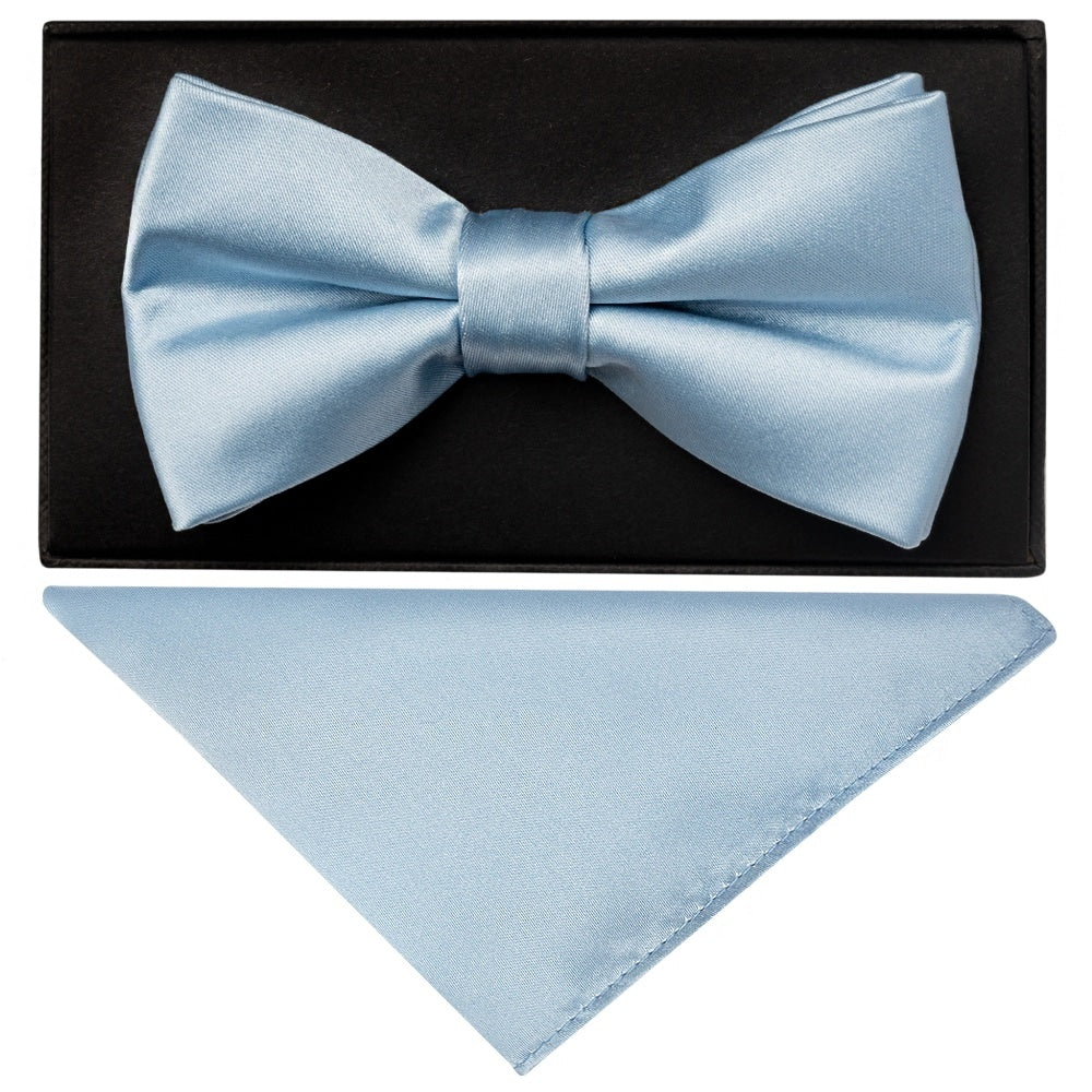 Plain Light Blue Hand Made Mens Bow Tie And Pocket Square Set 1